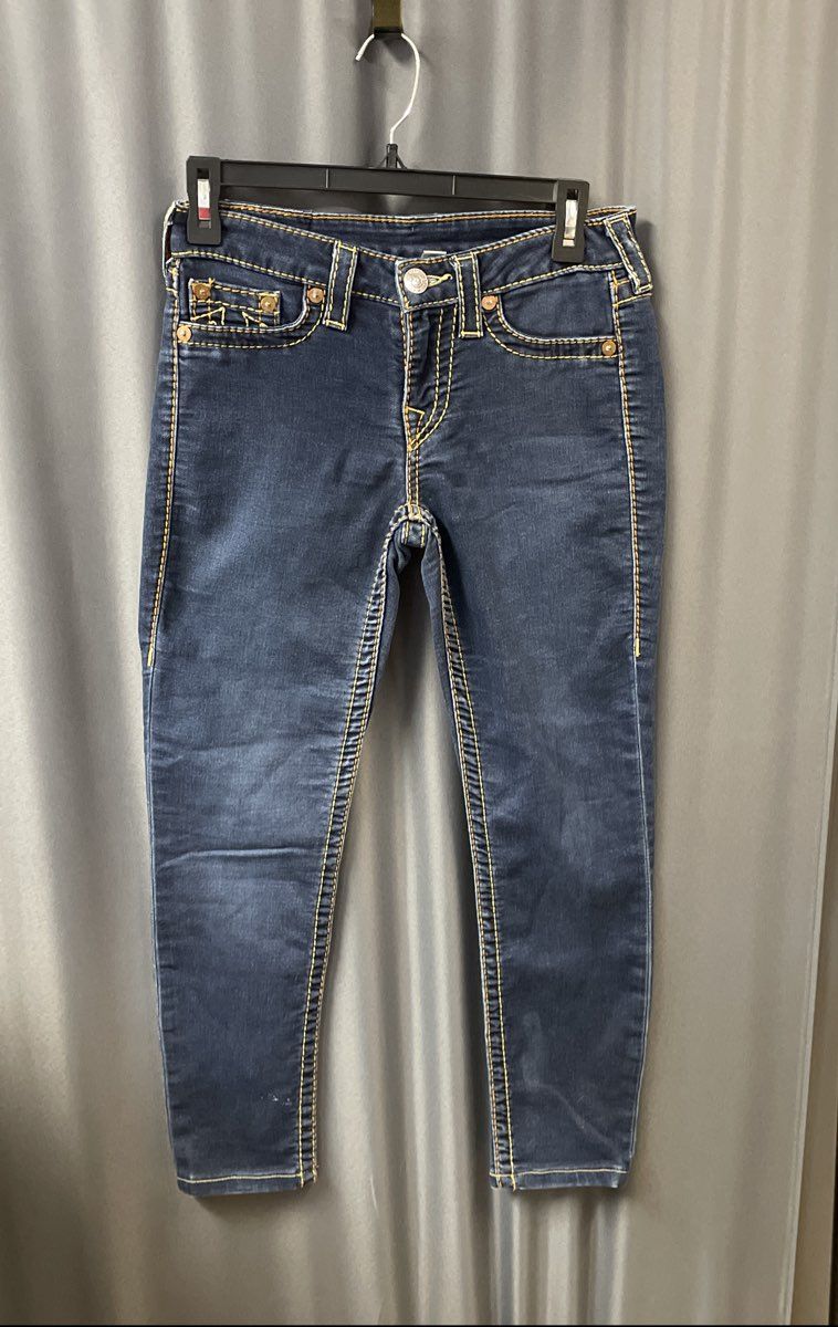 True Religion Women's Section Legging Blue Jeans Yellow Contrast Stitch Sz 28