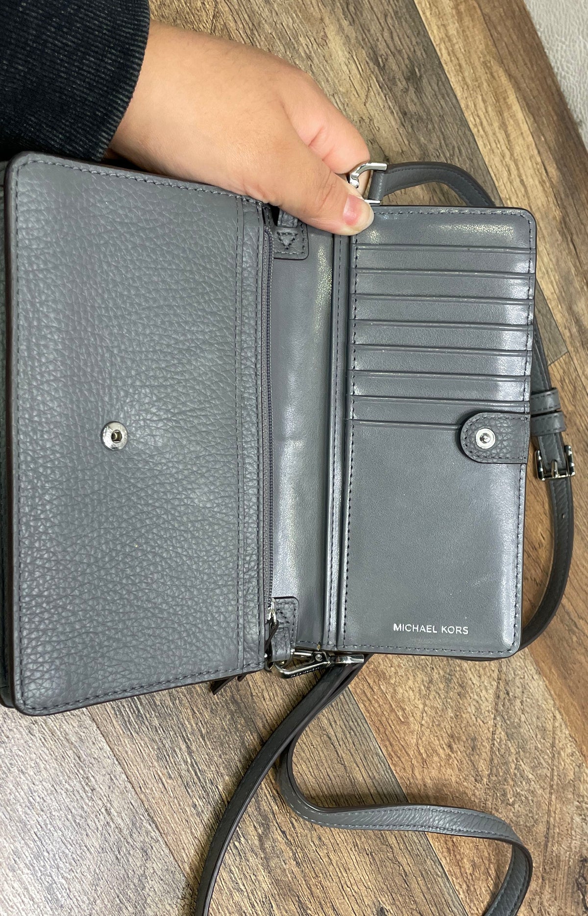 Michael Kors Grey Pebbled Leather Flap Crossbody Wallet Bag Silver Hardware