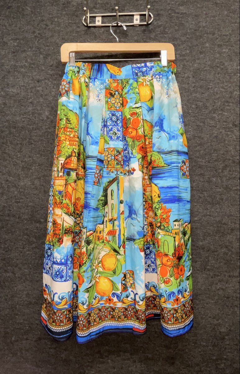 Women's Blue Majolica Mediterranean Lemon Print Pleated Midi Skirt Tie Waist