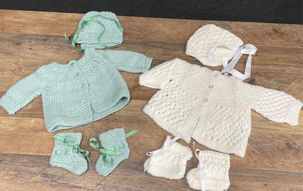 Vintage Handmade Crochet Baby Outfit Set Lot 2 Mint Green White Bonnet Booties