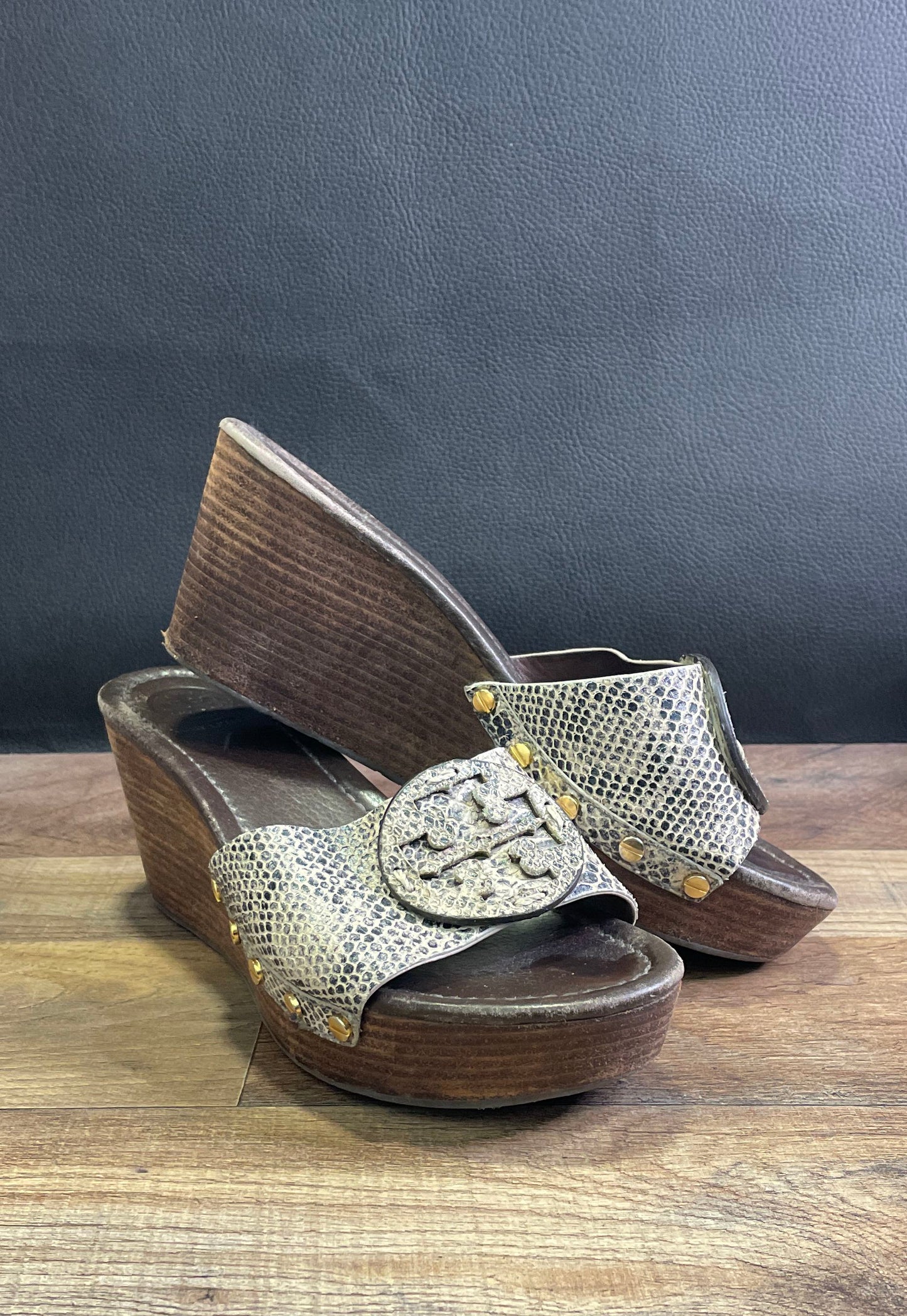 Tory Burch Snakeskin Leather Wooden Platform Wedge Slide Sandals Size 8.5