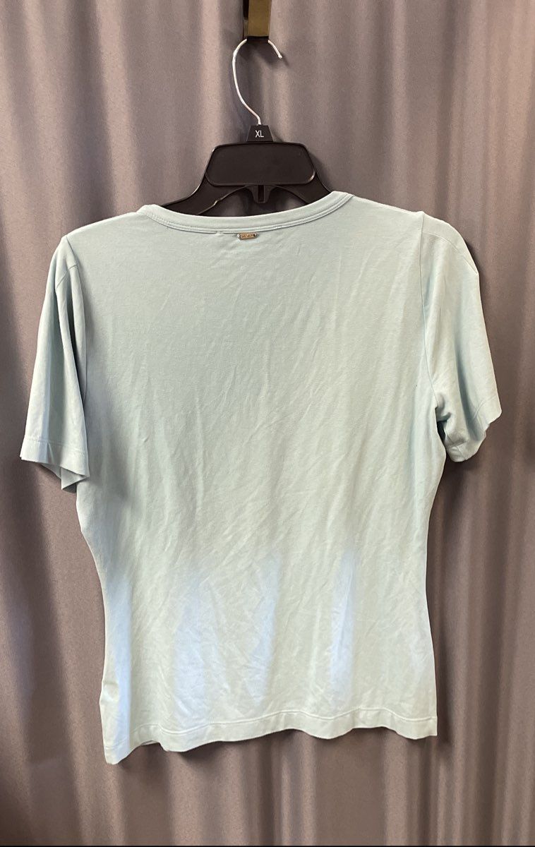 St. John Women's Blue Embellished Beaded Floral Short Sleeve Tee Shirt Sz M