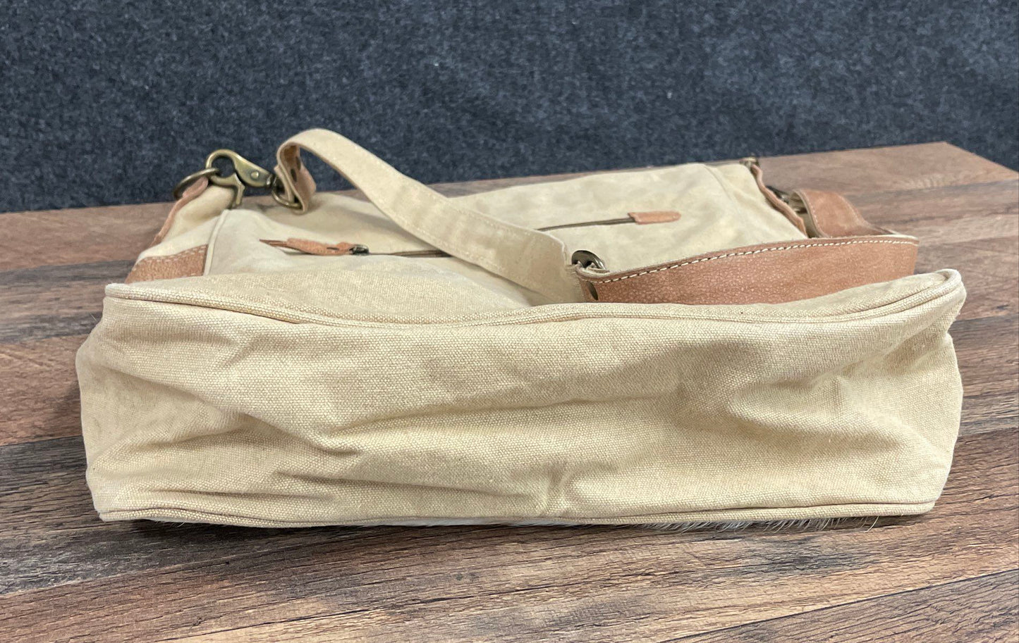 Upcycled Canvas & Cowhide Southwestern Tribal Print Shoulder Bag Tan