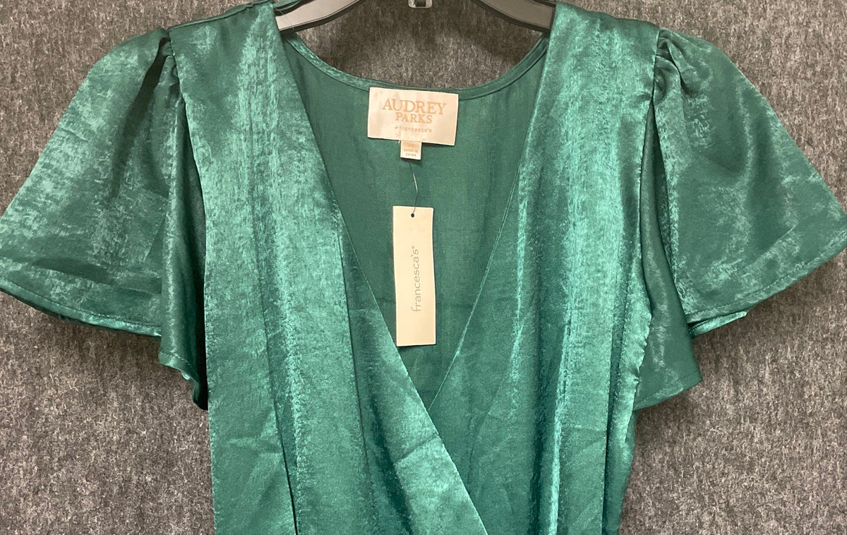 Audrey Parks Women's Emerald Green Satin Ruffle Wrap Maxi Dress Sz M NWT