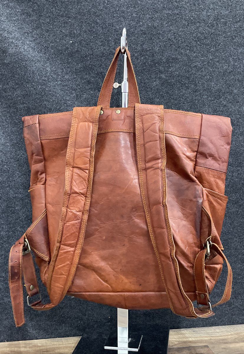 Unbranded Brown Leather Backpack Travel Rucksack Foldover Buckle Straps