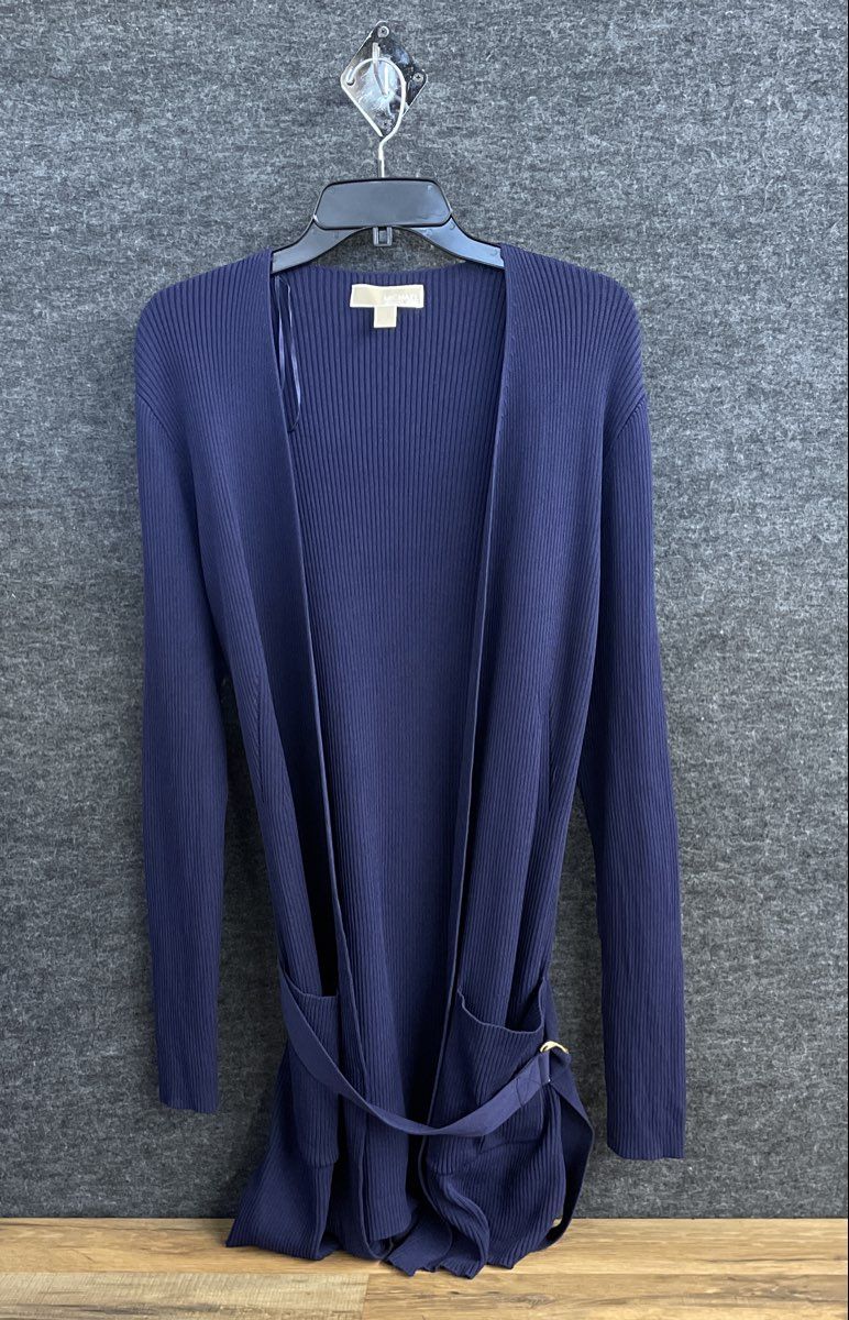 Michael Kors Women's Navy Blue Ribbed Knit Belted Duster Cardigan Sz L