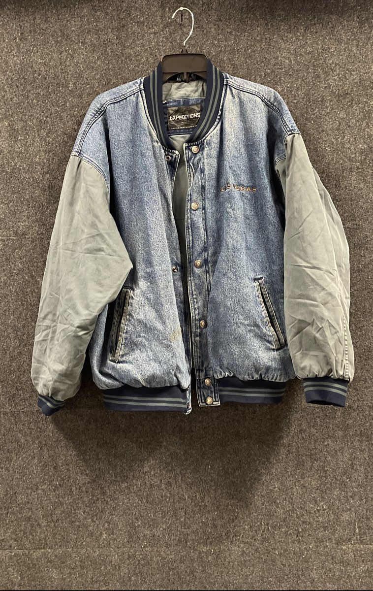 Vintage 90s Expeditions Men's Las Vegas Acid Wash Denim Varsity Jacket Sz XL