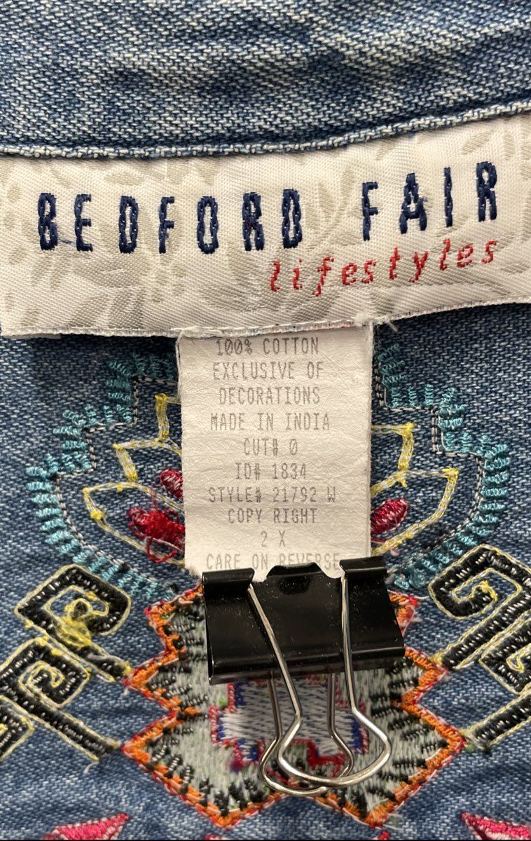 Bedford Fair Women's Vintage Y2K Blue Embroidered Denim Jacket Boho Striped 2X