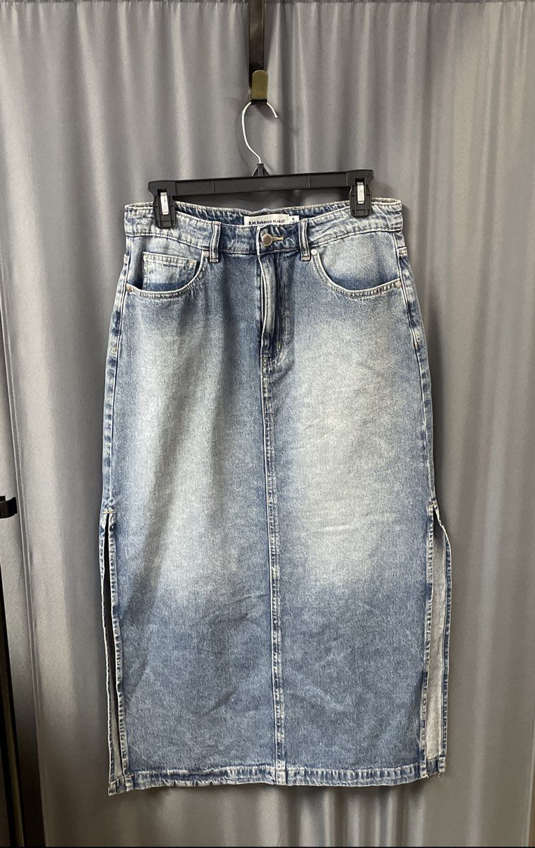 RM Rebecca Minkoff Women's Blue Denim Side Slit Midi Skirt Size 4