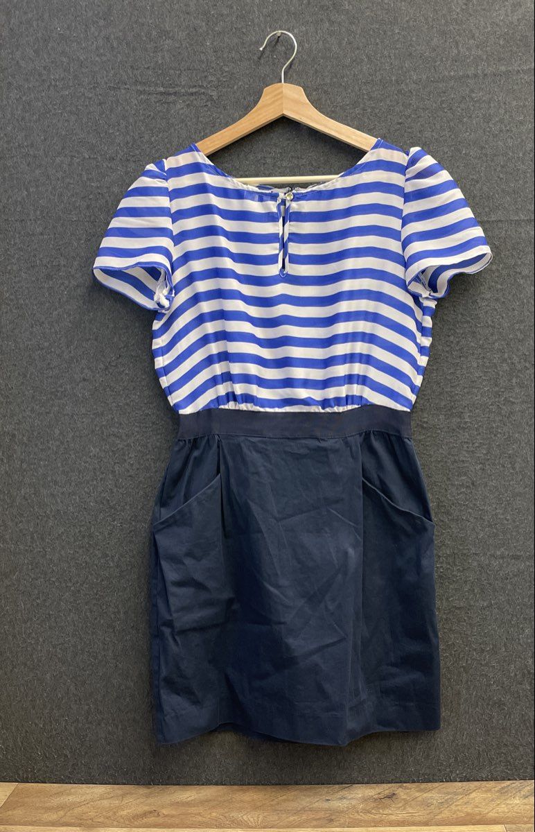 Mango Women's Semi-Sheer Striped Dress Navy Blue Cotton Blend Skirt Pockets Sz 6