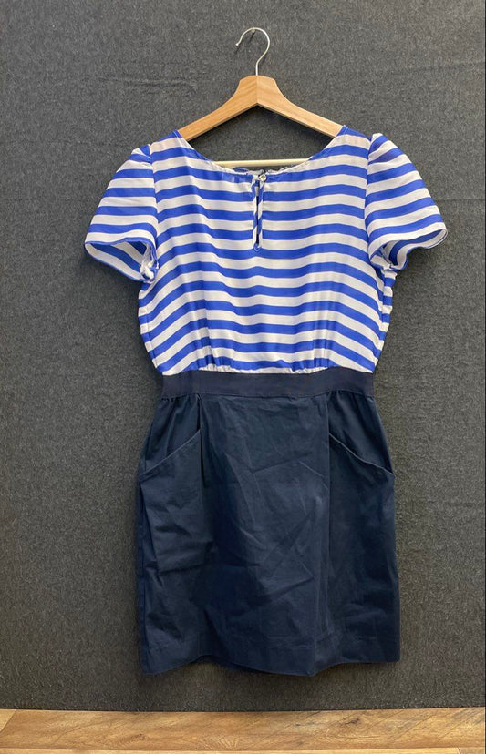 Mango Women's Semi-Sheer Striped Dress Navy Blue Cotton Blend Skirt Pockets Sz 6