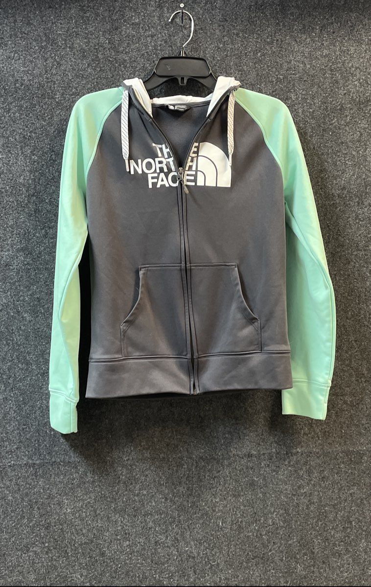The North Face Women's Full Zip Hoodie Jacket Gray Mint Green Raglan Logo Sz S