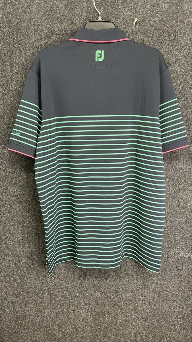 FootJoy Men's Polo Shirt Navy Blue Green Striped Spanish Bay Performance Sz L