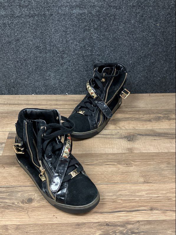 Michael Kors Studded Strap Side Zip Black Gold High Top Sneakers Size 9M