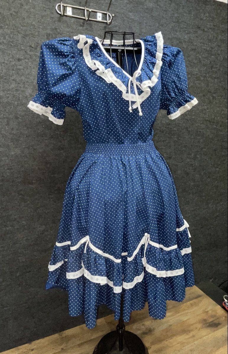 Vintage 80s Blue Polka Dot Square Dance Skirt Blouse Set Eyelet Size M