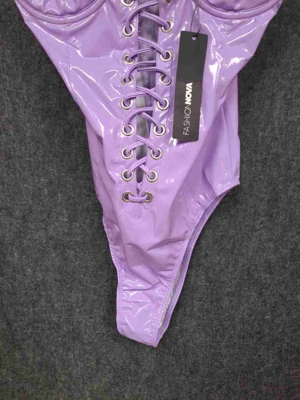 Fashion Nova Women's Purple Faux Leather Lace Up Bodysuit Lingerie Set Sz XS/S