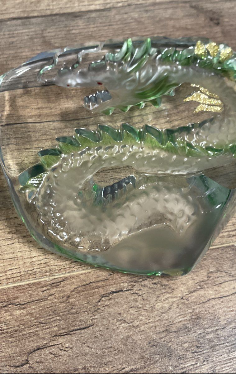 Vintage Art Glass Dragon Paperweight Asian Oriental Figurine Green Gold Glitter
