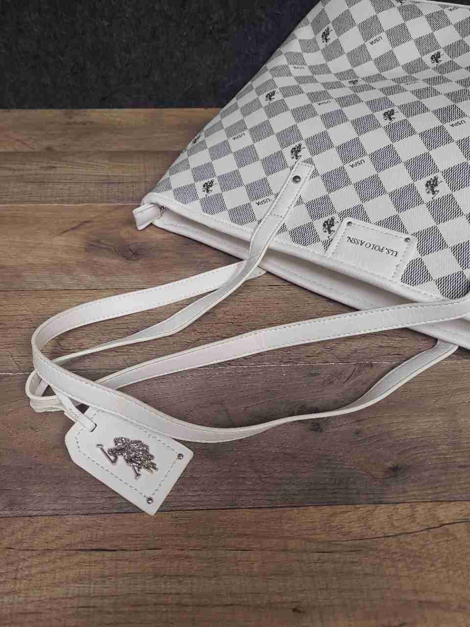 U.S. Polo Assn. White Checkered Monogram Tote Bag Large Red Interior
