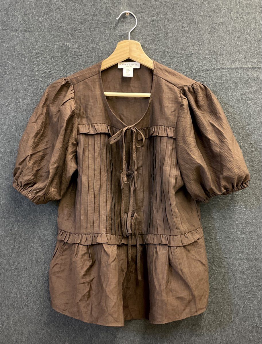 Laura Ashley Women's Brown Puff Sleeve Tie Front Ruffle Textured Blouse Sz S