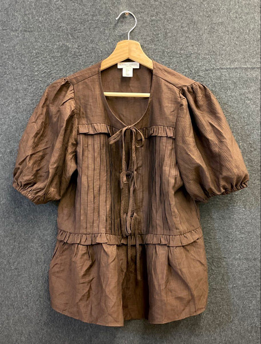 Laura Ashley Women's Brown Puff Sleeve Tie Front Ruffle Textured Blouse Sz S