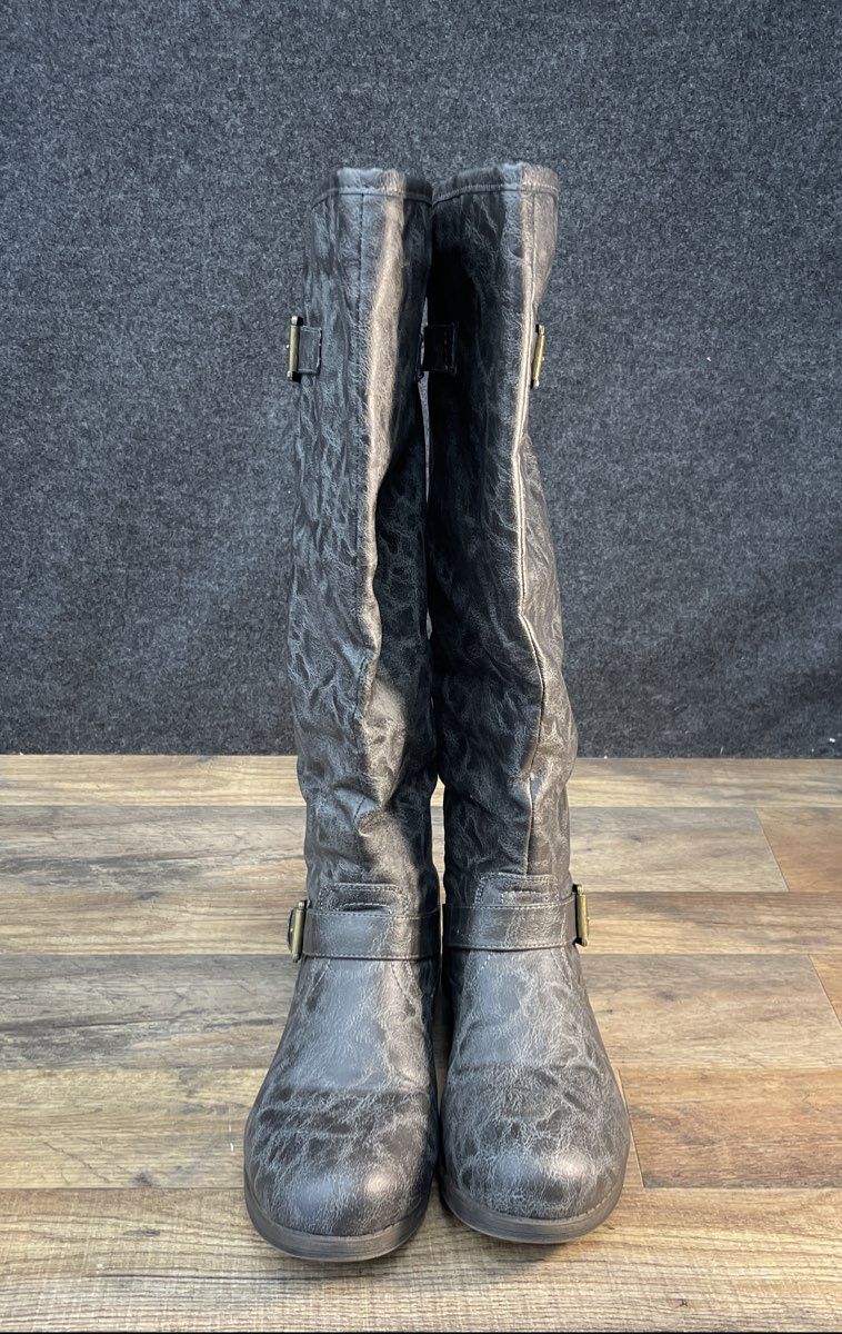 Journee Collection Gray Faux Leather Knee High Studded Back Zipper Boots 9.5