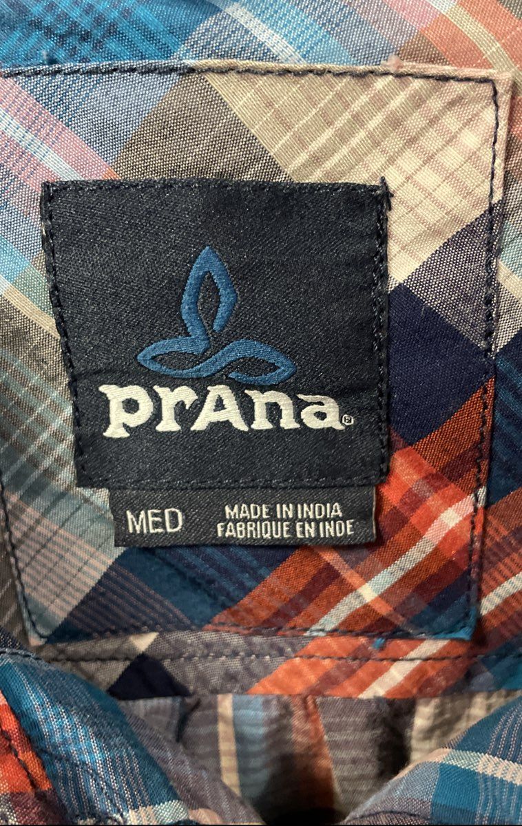 Prana Men's Blue Orange Plaid Short Sleeve Button Down Cotton Shirt Sz Medium