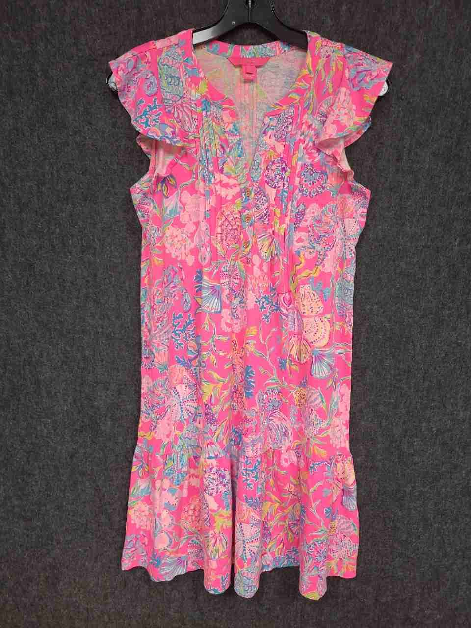 Lilly Pulitzer Women's Golda Flutter Sleeve Dress Pink Shell Print Cotton Sz XS