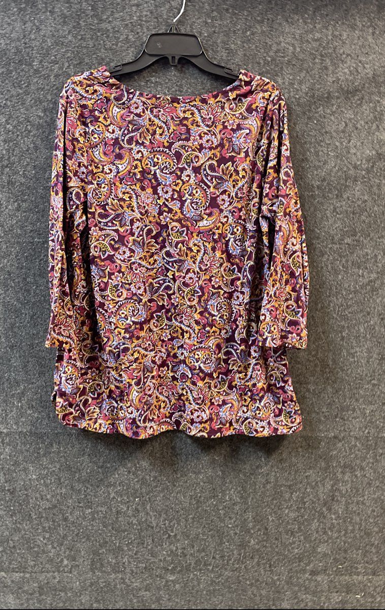 J.Jill Women's Pima Cotton V-Neck 3/4 Sleeve Paisley Print Tee Purple XL Tall