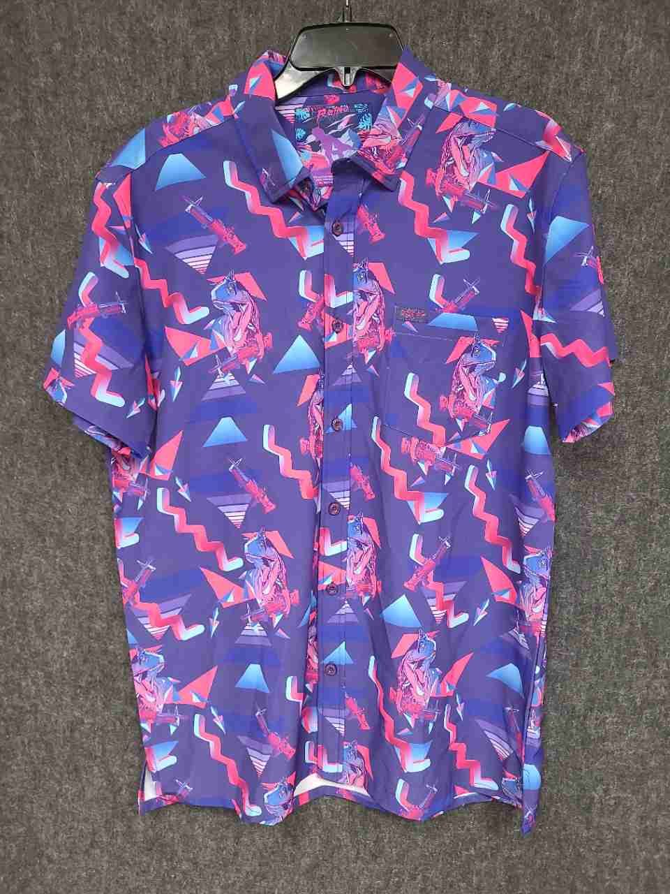 Retro Rifle Men's Prehistoric Dinosaur Machine Gun Vaporwave Button Down Shirt L