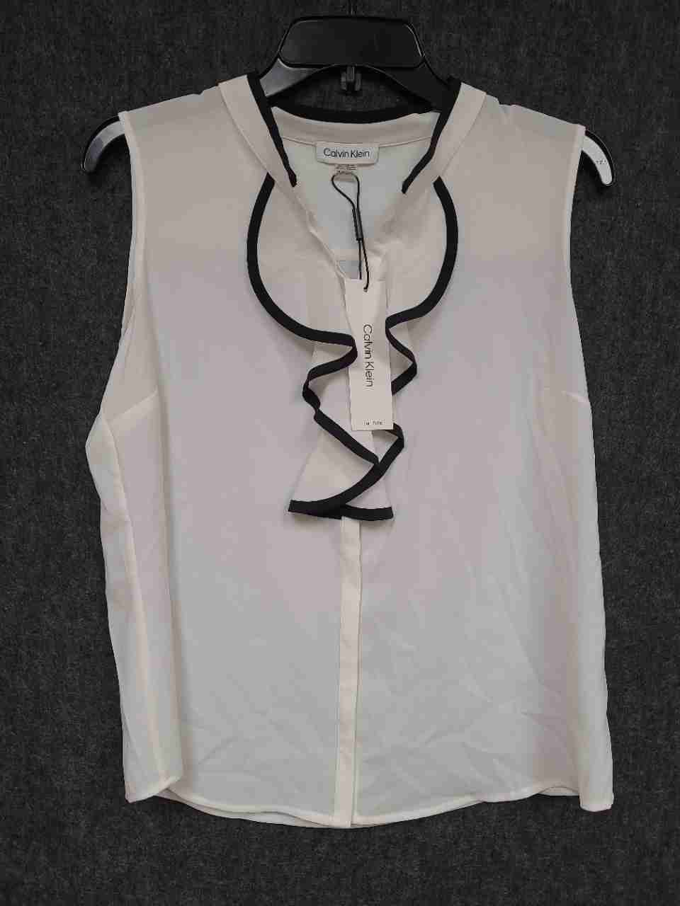 Calvin Klein Women's White Black Ruffle Front Sleeveless Blouse Petite PL NWT