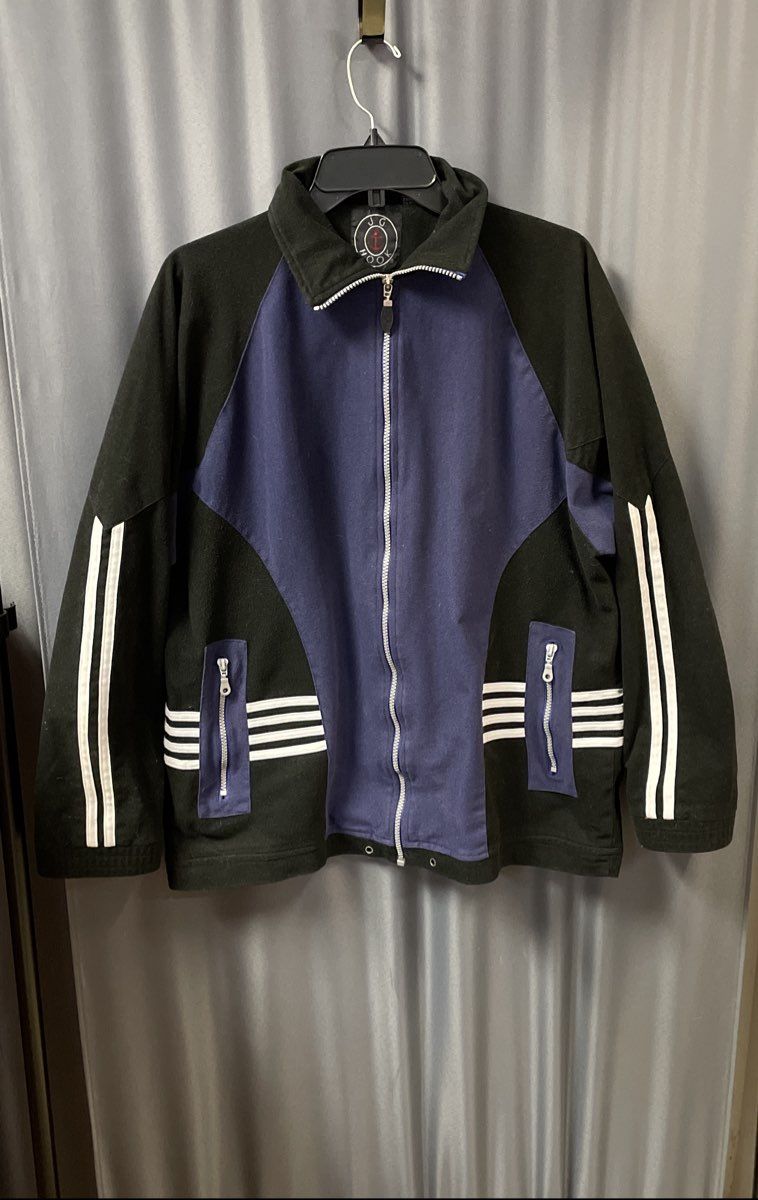Vintage 90s J.G. Hook Men's Black Blue Full Zip Fleece Jacket Striped Sz M
