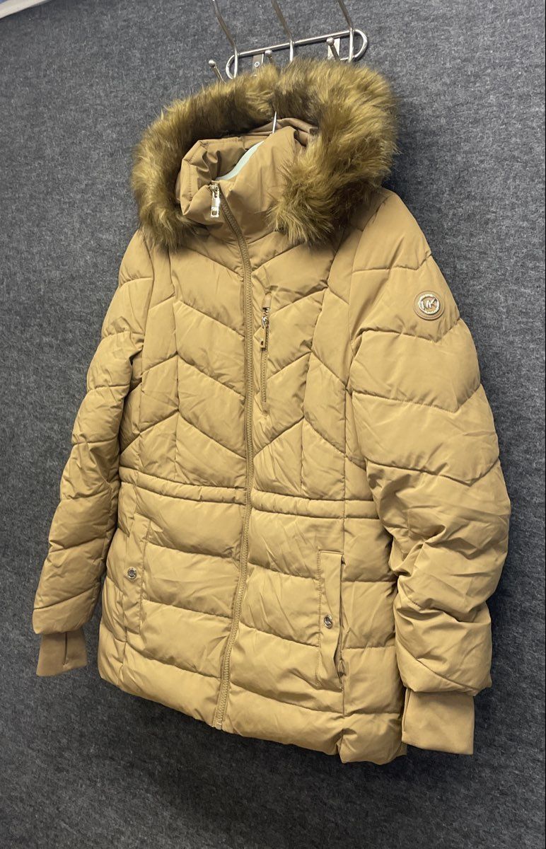 MICHAEL Michael Kors Women's Tan Faux Fur Trim Hooded Puffer Jacket Sz S