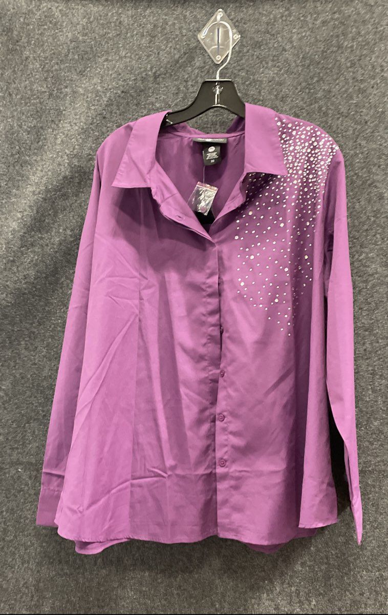 Ashley Stewart Women's Purple Rhinestone Embellished Button-Up Shirt NWT Sz 22