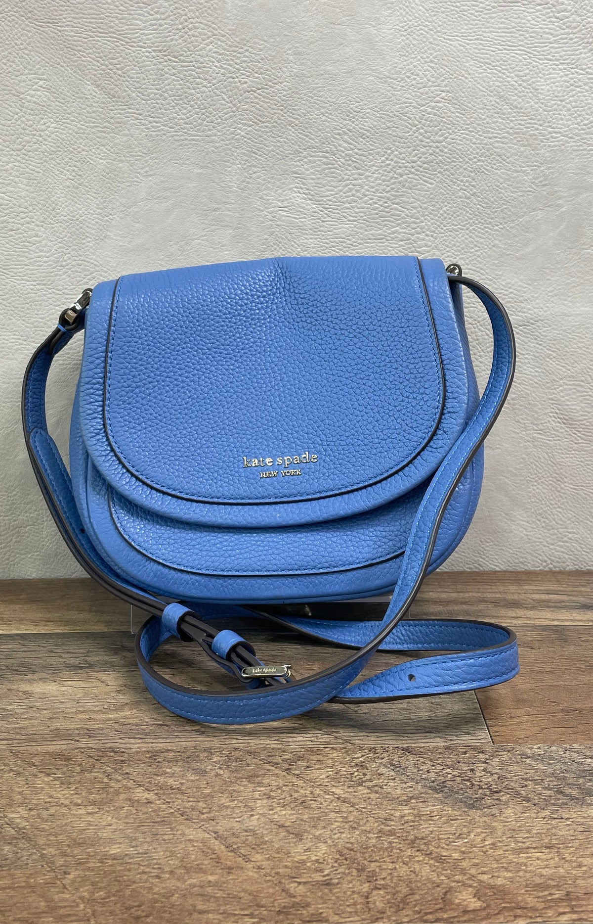 Kate Spade Blue Pebbled Leather Roulette Small Saddle Crossbody Flap Bag