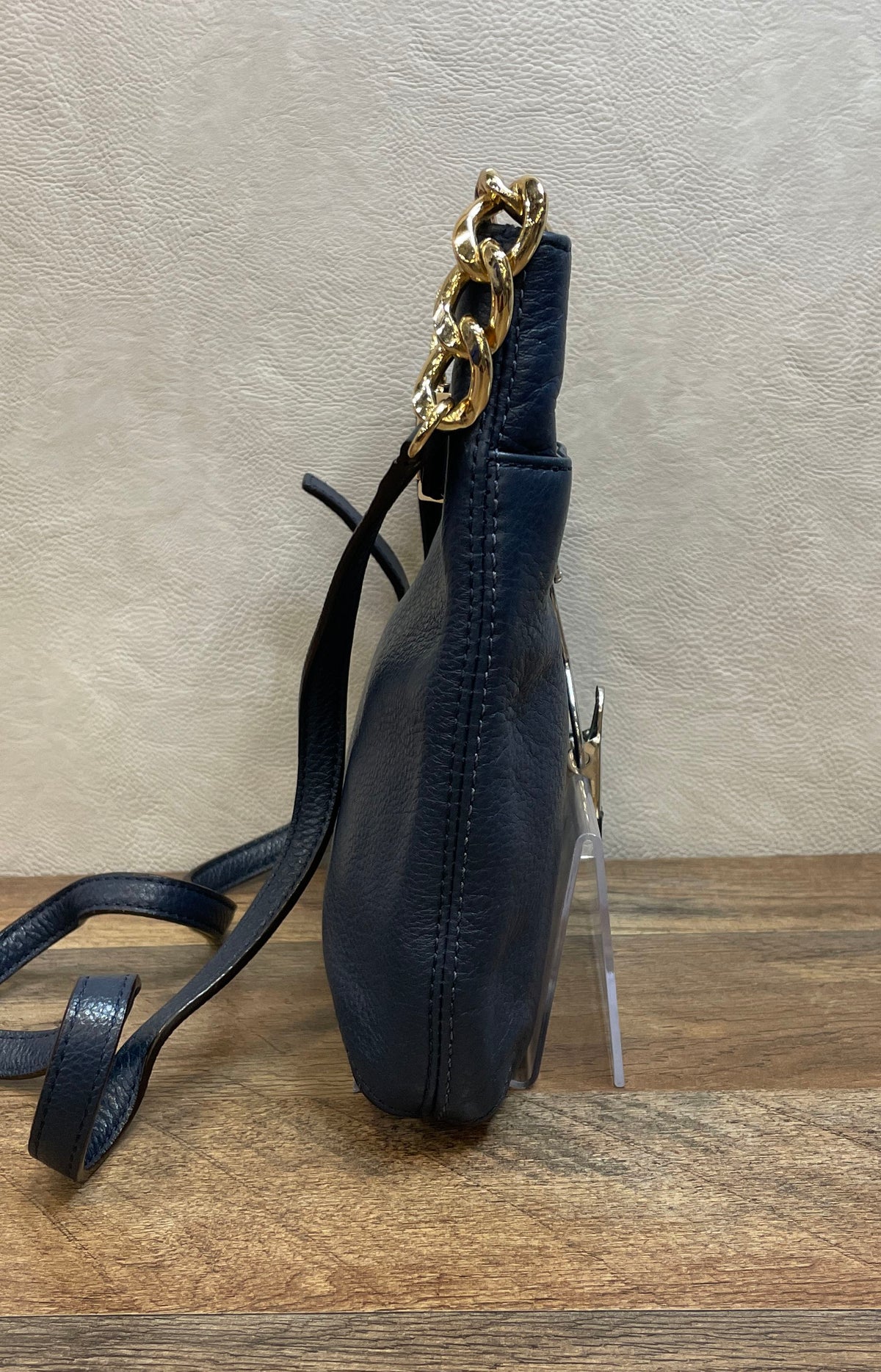 Michael Kors Navy Blue Pebbled Leather Bedford Crossbody Bag Gold Hardware