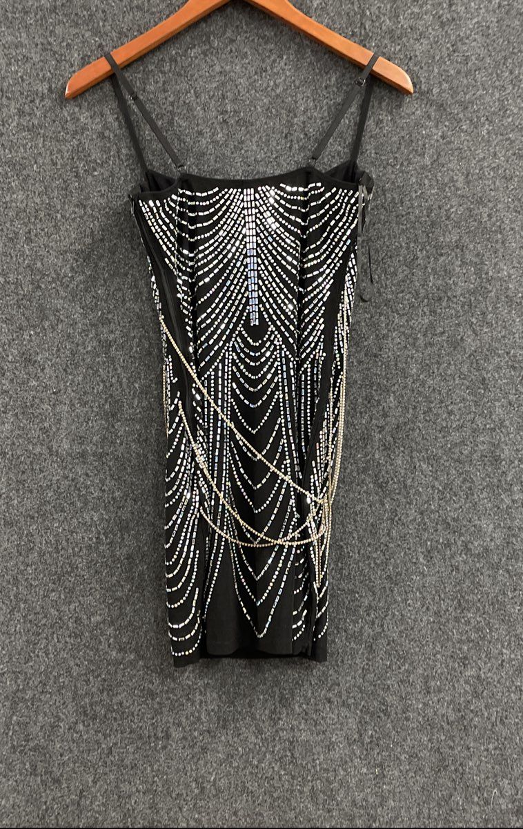 Windsor Women's Black Rhinestone Embellished Chain Bodycon Mini Dress Size S