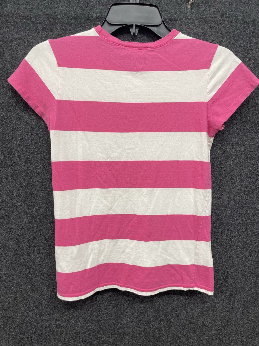 Ralph Lauren Sport Women's Pink White Striped Crew Neck Pony Logo T-Shirt Sz M