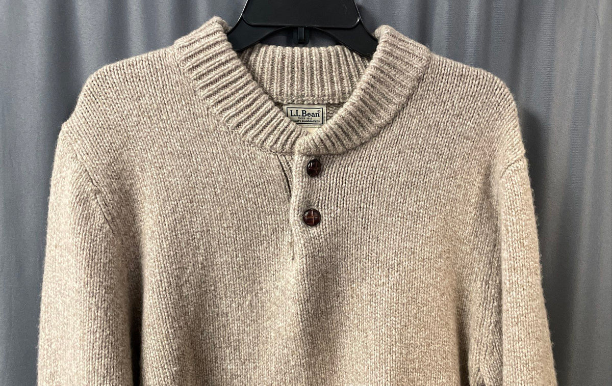 L.L. Bean Men's Beige 100% Lamb's Wool Henley Sweater Size L
