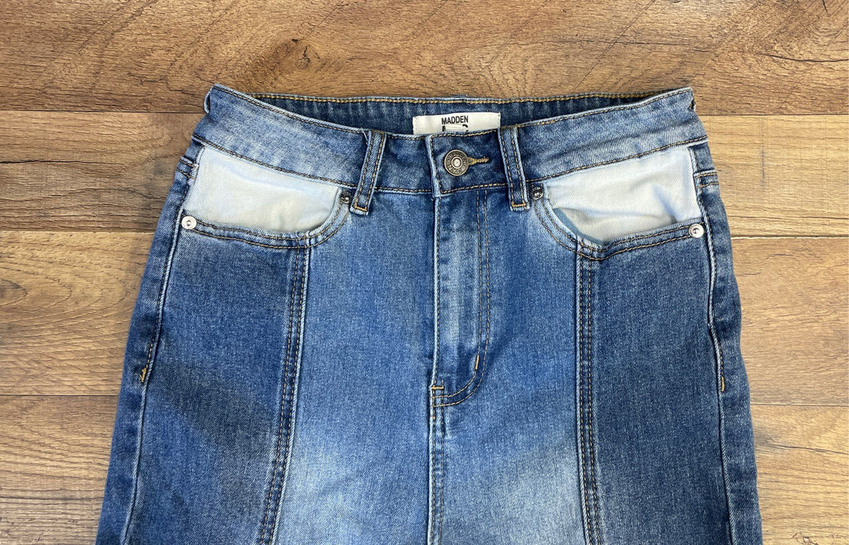 Madden NYC Women's Blue Patchwork Raw Edge Flared Jeans Sz 1