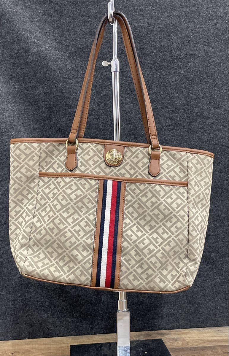 Tommy Hilfiger Grey Leather Monogram Tote Bag Red White Blue Stripe