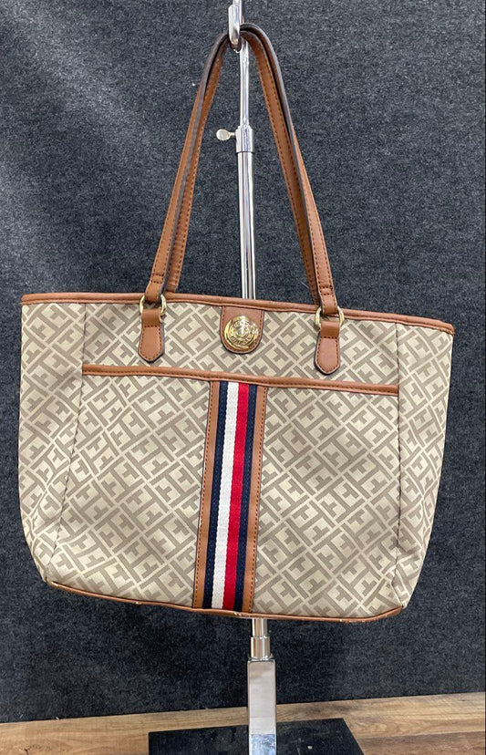 Tommy Hilfiger Grey Leather Monogram Tote Bag Red White Blue Stripe