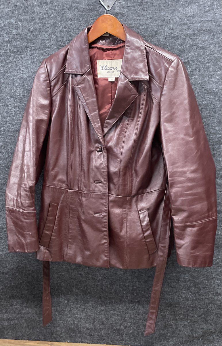 Vintage 80s Wilsons Women's Brown Leather Belted Blazer Jacket Sz 10