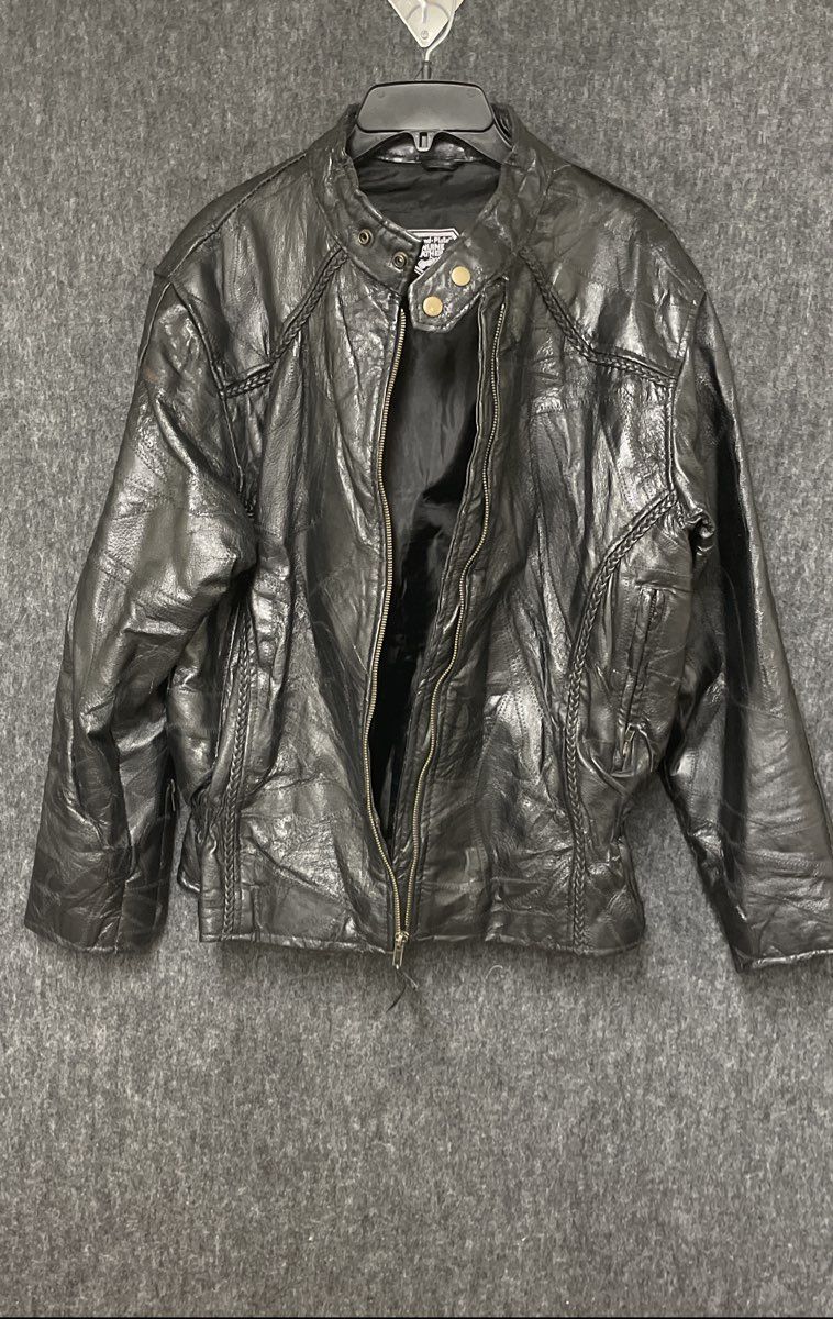 Vintage Y2K Diamond Plate Women's Black Patchwork Leather Biker Jacket Sz L
