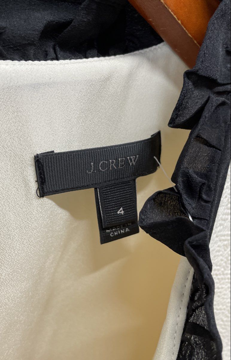 J. Crew Women's Ivory White Sleeveless Shift Dress Black Ruffle Trim Sz 4 NWT