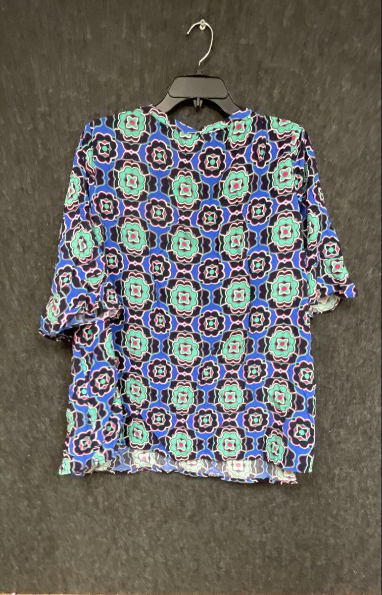 Crown & Ivy Women's Blue Geometric Floral V-Neck Short Sleeve Blouse Sz 2X