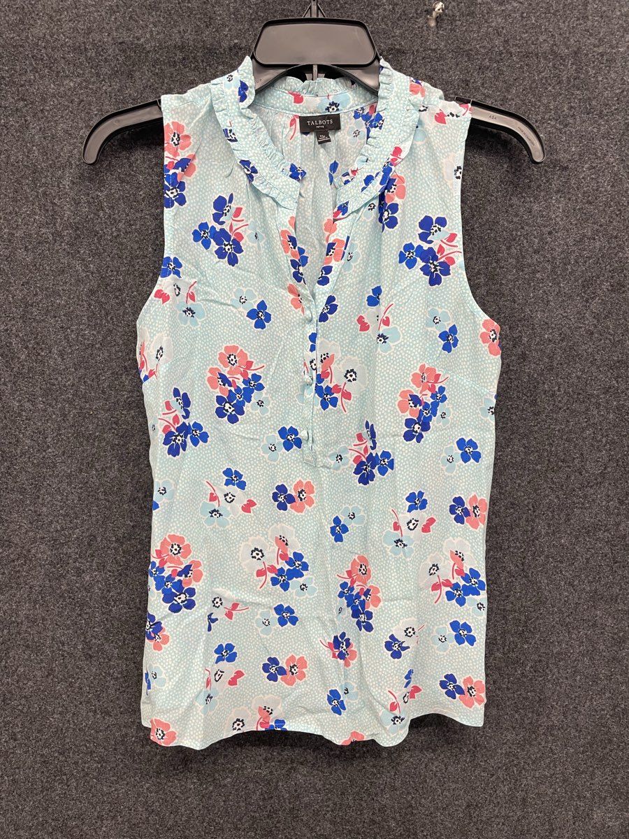 Talbots Women's Sleeveless Top Light Blue Floral Print Ruffle Neck Viscose Sz MP