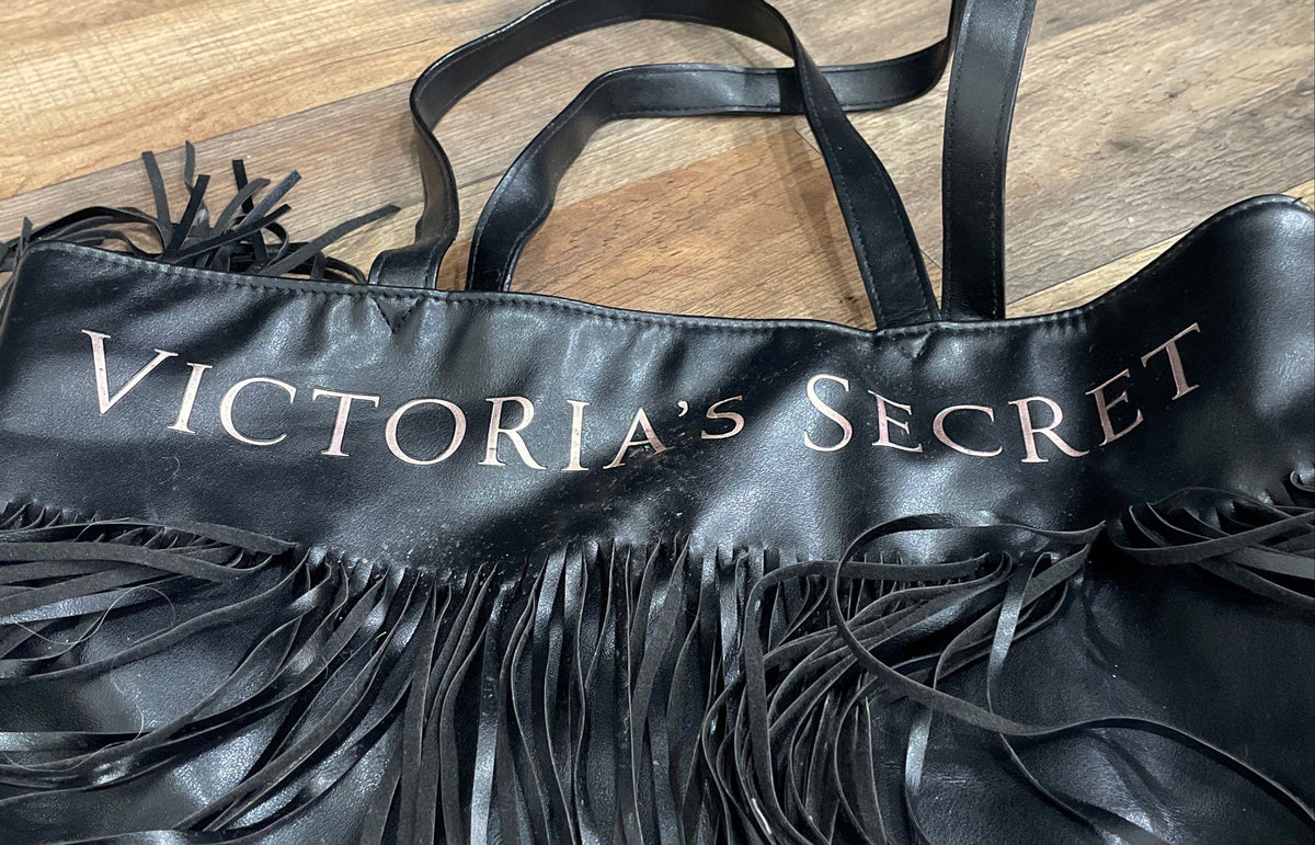 Victoria's Secret Black Leather Fringe Metallic Logo Tote Bag Large