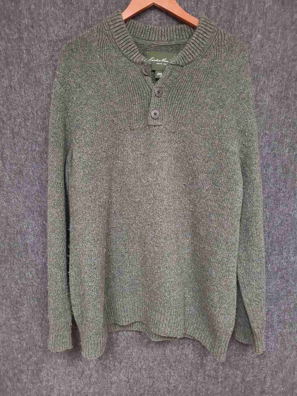 Eddie Bauer Men's Henley Sweater Green Cotton Wool Blend Ribbed Mock Neck XL