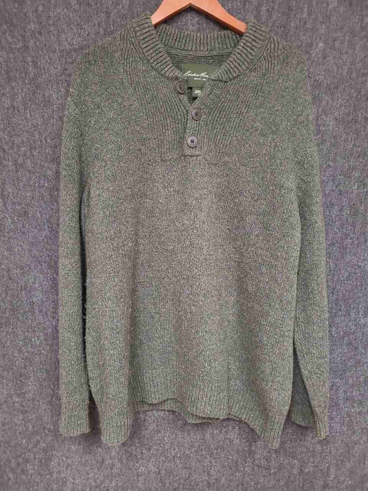 Eddie Bauer Men's Henley Sweater Green Cotton Wool Blend Ribbed Mock Neck XL