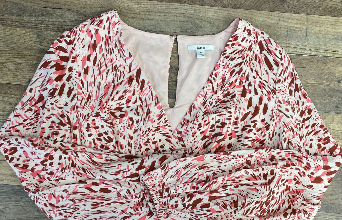Bar III Women's Pink Abstract Print Long Sleeve V-Neck Smocked Mini Dress Sz M